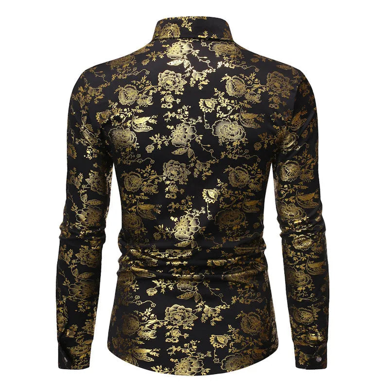 Men's long sleeve lapel shirt with metal bronzing digital print in Wine Red, black, blue, or white