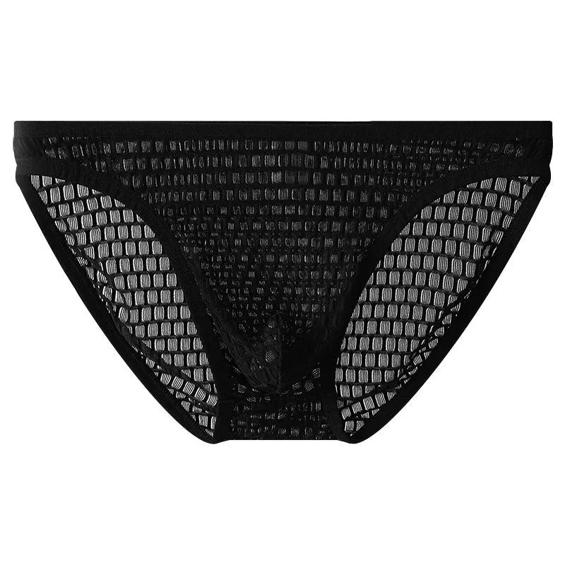 Men's low waist transparent lace underwear in multiple colours on a size chart background.