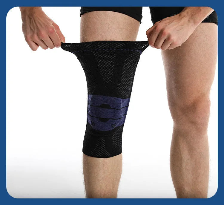 A pair of adult sports kneecaps in nylon and spandex, shown in black and blue colour, for knee protection.