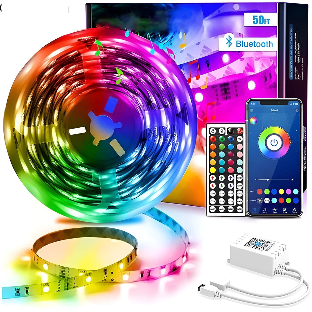 RGB LED light strip with Bluetooth controller and remote, showing colourful illumination