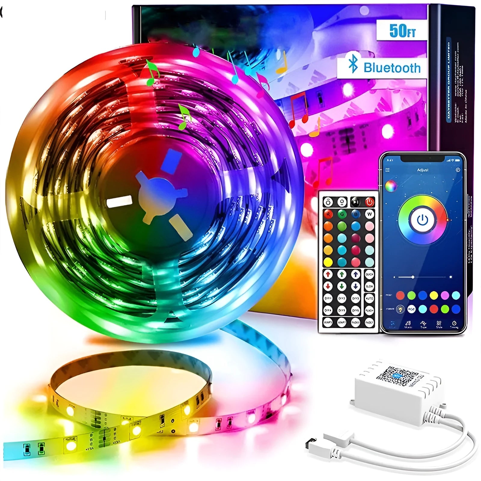 RGB LED light strip with Bluetooth controller and remote, showing colourful illumination