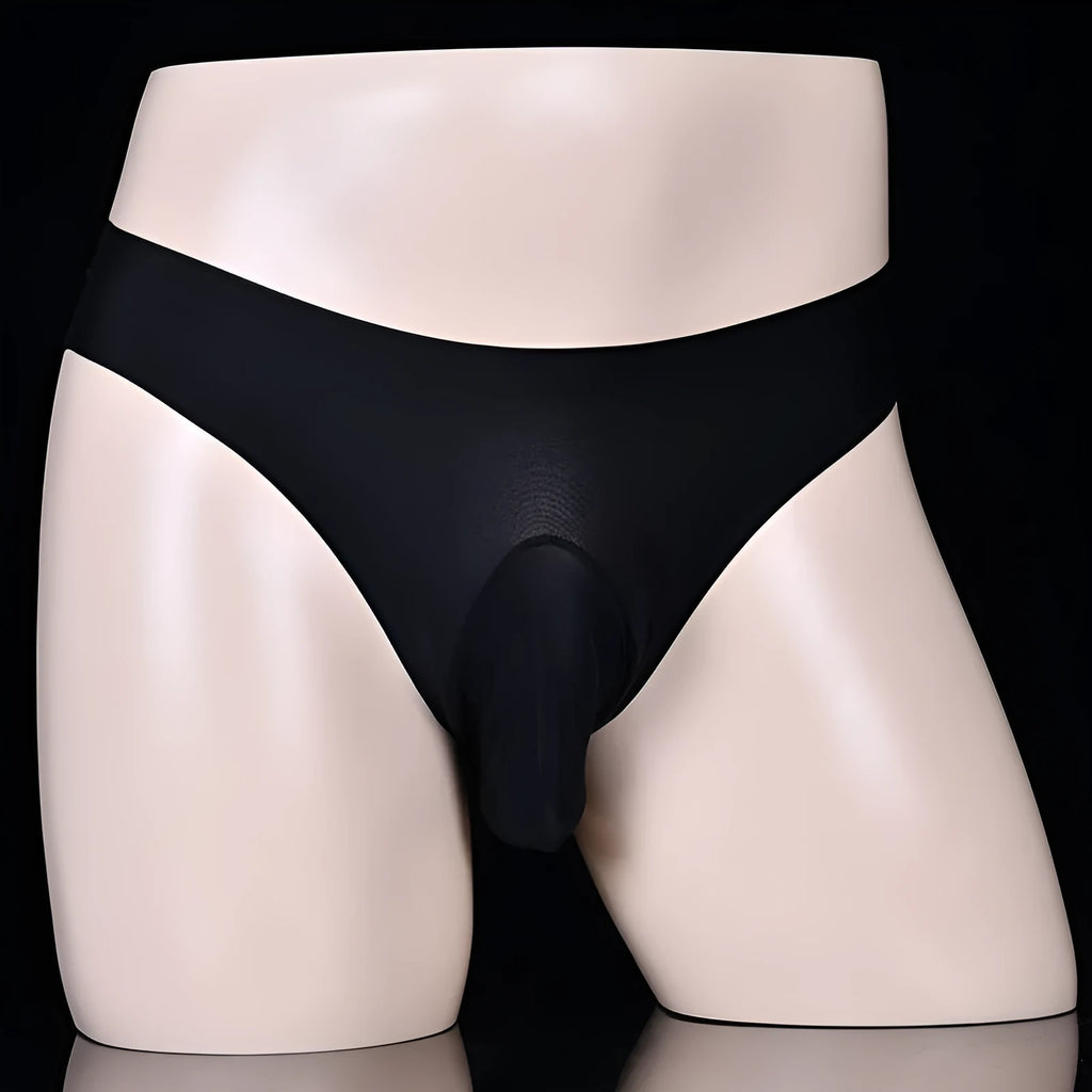 Men's ice silk underwear briefs in T-back design showing black colour option