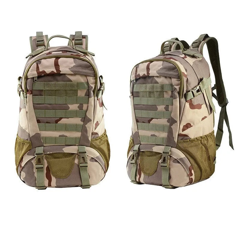 Outdoor mountaineering backpack in Oxford cloth shown in a camouflage colour with air pillow belt system.