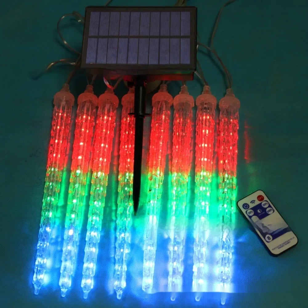 Solar LED ice cone shaped meteor shower Christmas lights with remote control