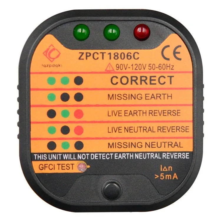 Black socket tester with LED indicators and UK EU US plug options for polarity ground line detection