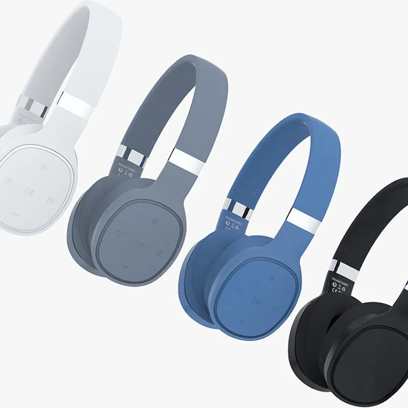 Folding wireless Bluetooth sports headset shown in black, blue, grey, or white colour options.