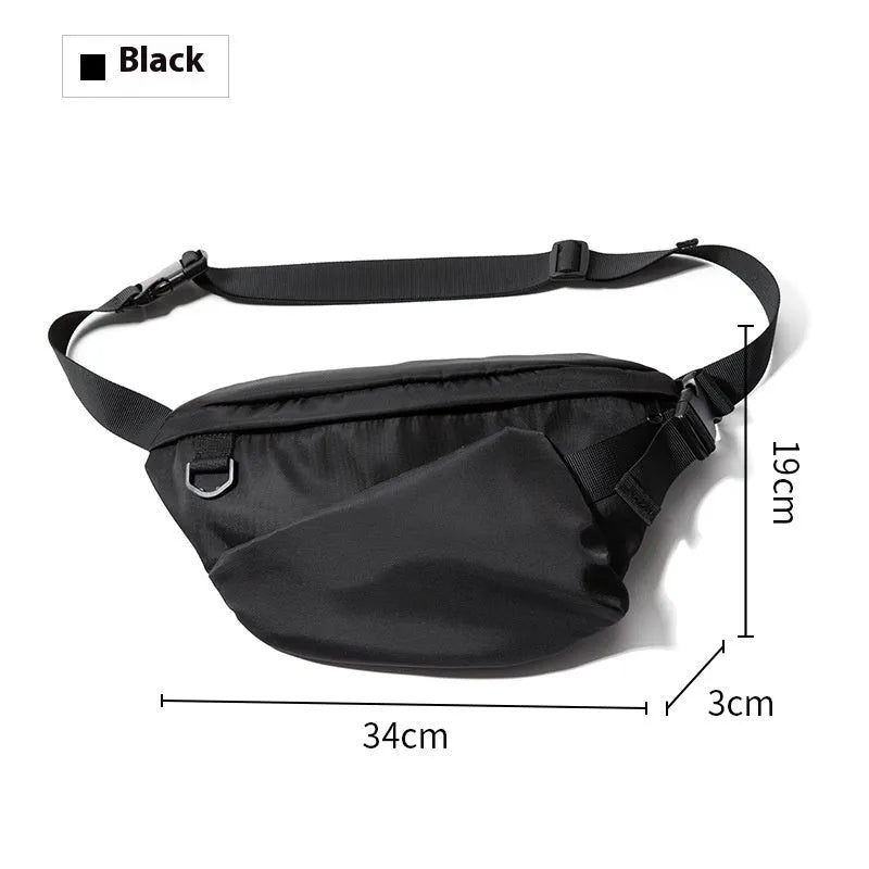 Black men's 8-inch slanted chest bag made from Oxford fabric with visible sewing line details