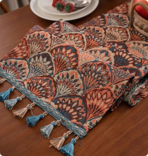 European retro style long sideboard table flag with handwoven tassels in a blue ginkgo leaf pattern