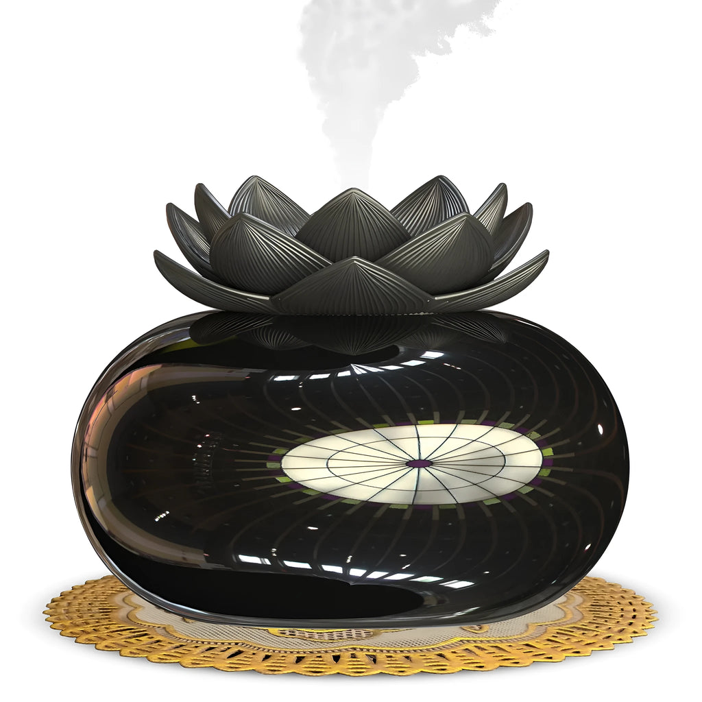Pure black lotus aromatherapy humidifier with USB connection and ceramic construction