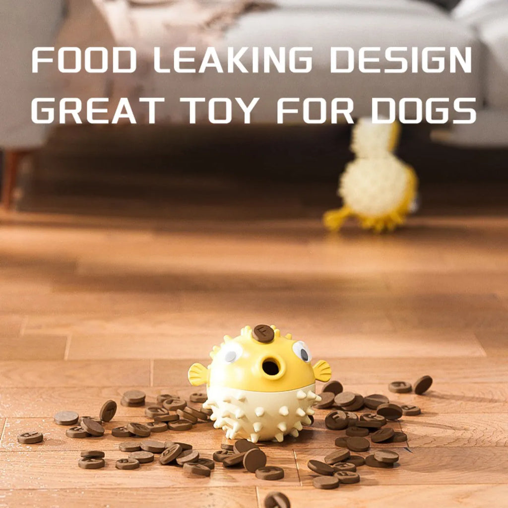 Yellow fish-shaped dog chew toy with textured surface for teeth cleaning
