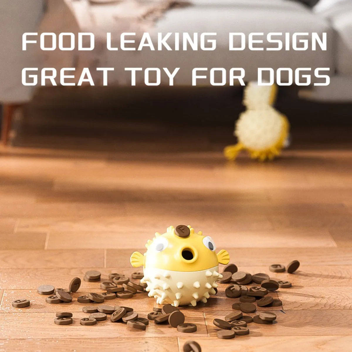 Yellow fish-shaped dog chew toy with textured surface for teeth cleaning