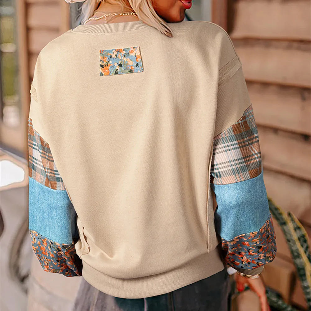 Women's loose plaid stitch long sleeve casual top in apricot colour