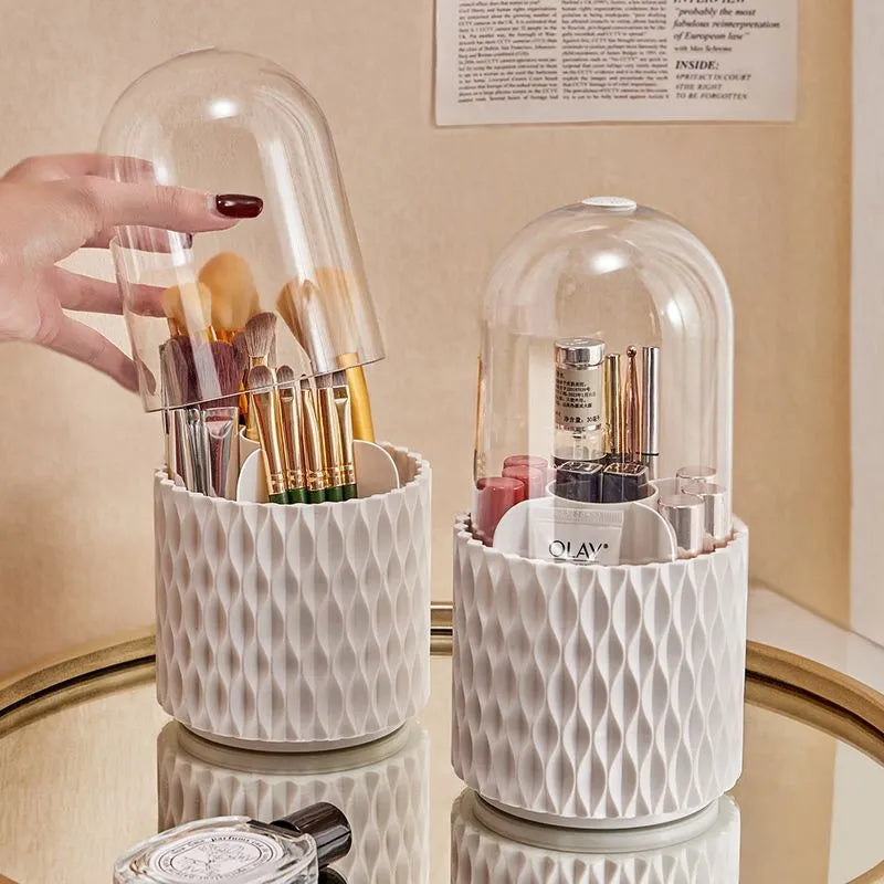 White rotating transparent acrylic makeup brush storage holder with dustproof lid on desktop