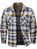 Man wearing a long-sleeved plaid flannel shirt in a cardigan style with a button-up front.
