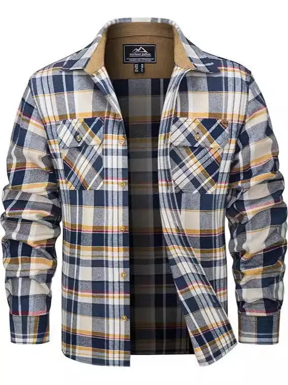 Man wearing a long-sleeved plaid flannel shirt in a cardigan style with a button-up front.