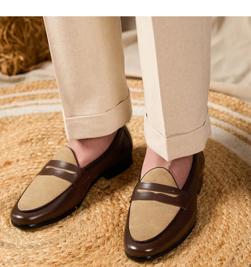 Brown suede leather loafers with high-gloss finish and stitched construction