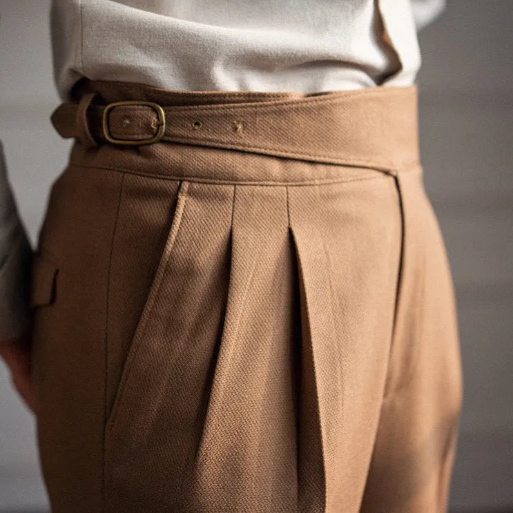 Men's high waist straight leg casual trousers in black polyester fabric for leisure wear.