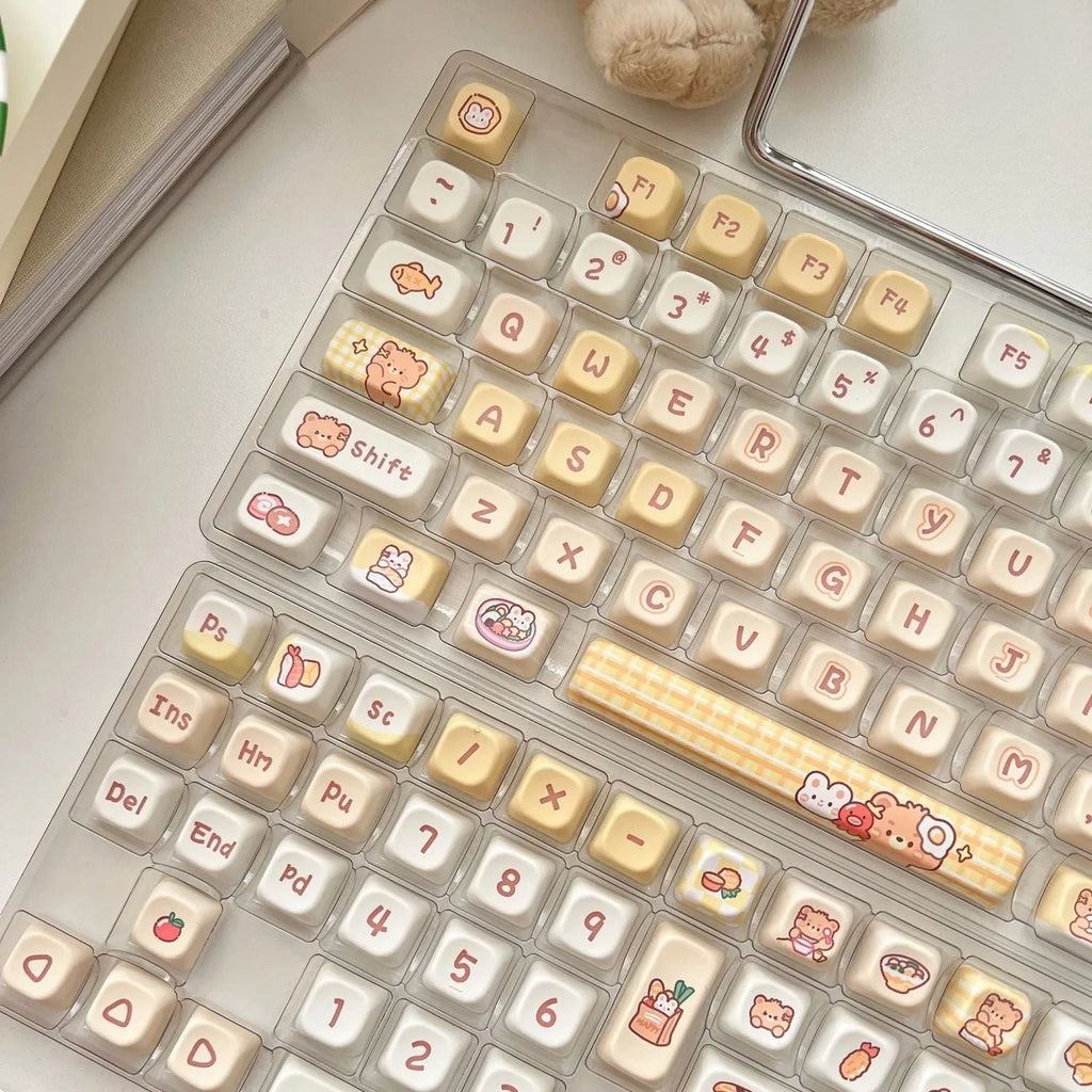 Rabbit Bear Restaurant themed mechanical keyboard keycap set with 140 PBT plastic keycaps