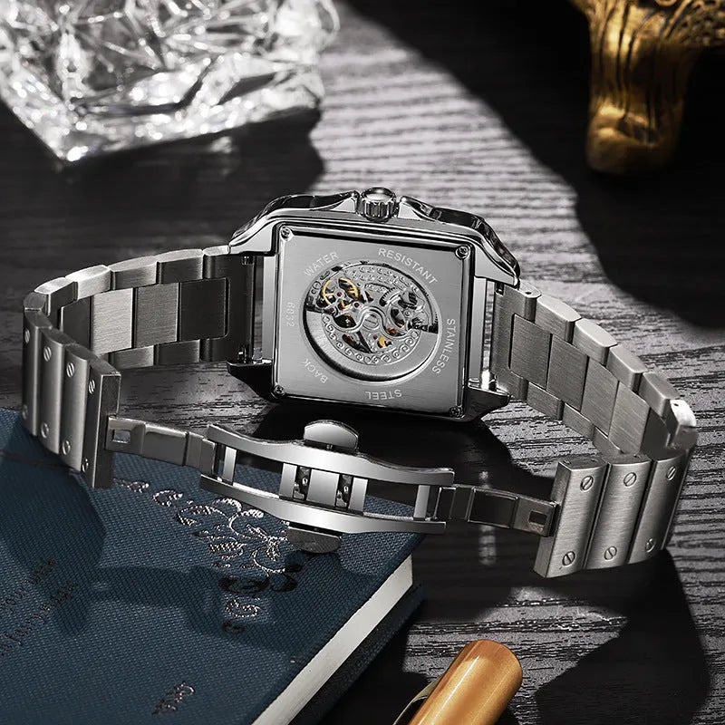 Men's square automatic watch with diamond-studded design on stainless steel case with leather strap