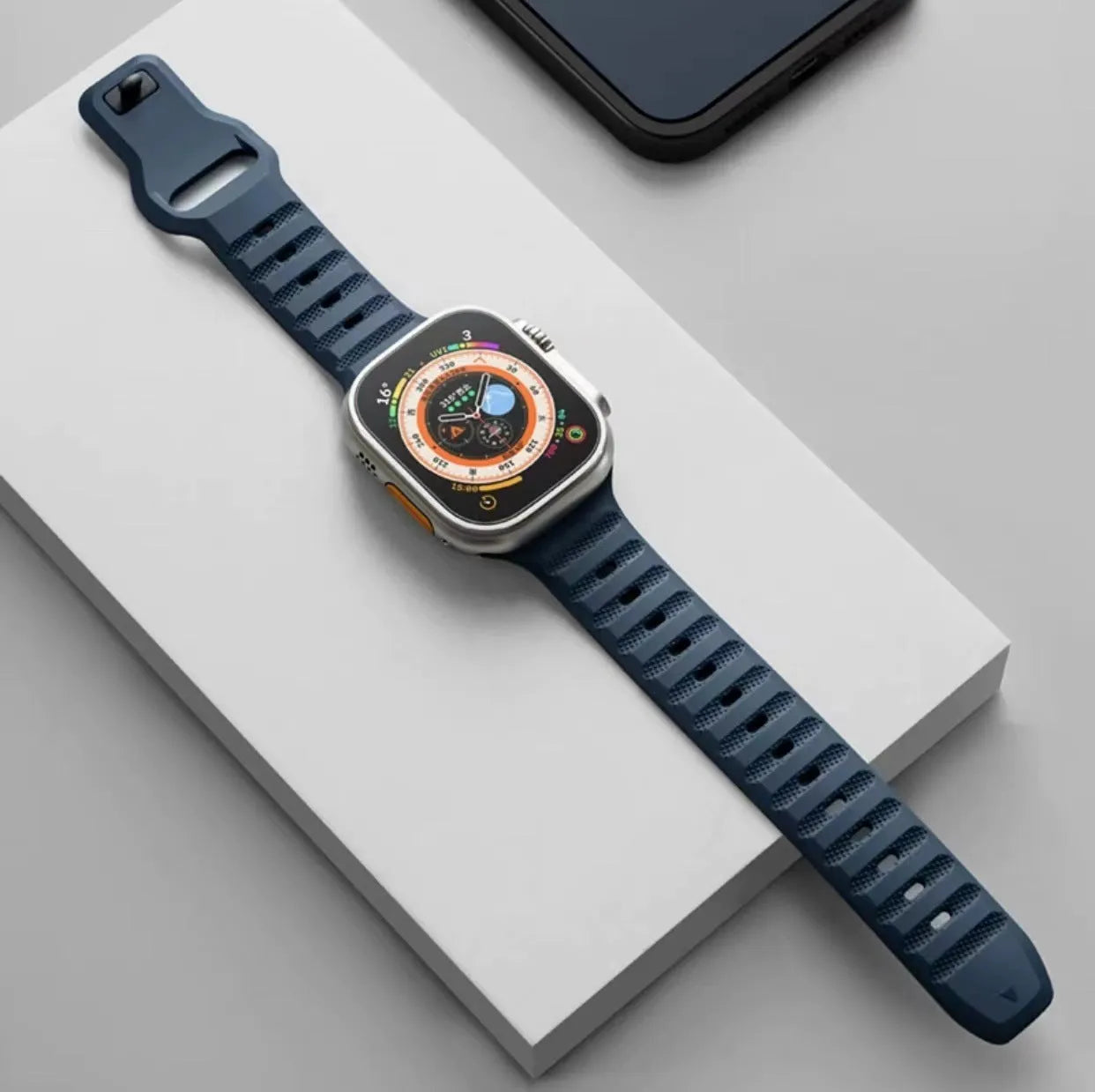 Fluoro rubber watch band with T buckle in black, orange, grey, pink, blue and starlight for iWatch Ultra and Series 1-8