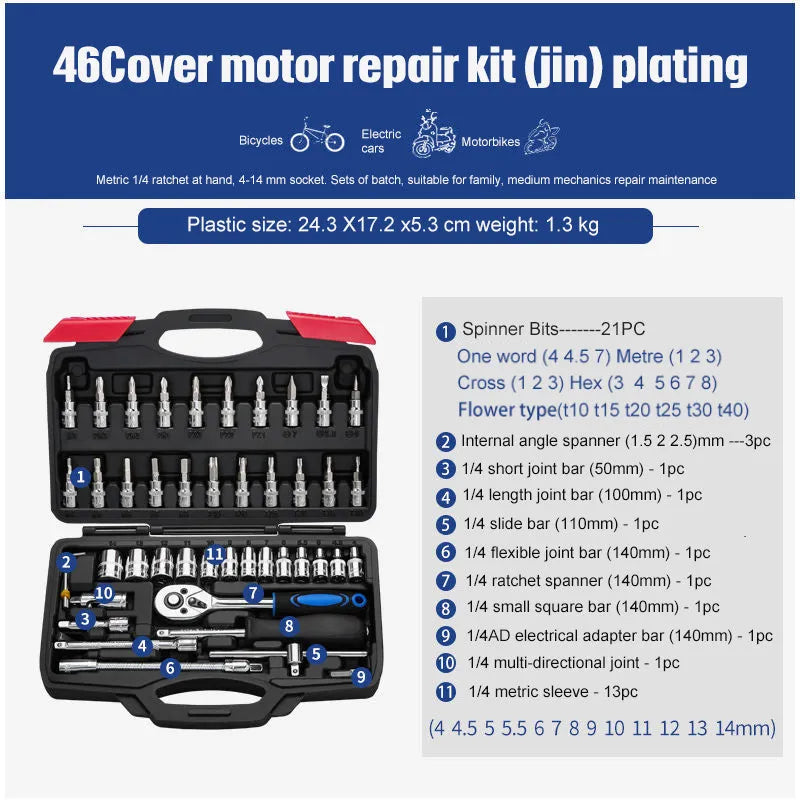 Chromium vanadium steel socket ratchet wrench set with multiple sockets in a case.