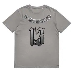 Grey loose fit cotton summer t-shirt with short sleeves and round neck on hanger