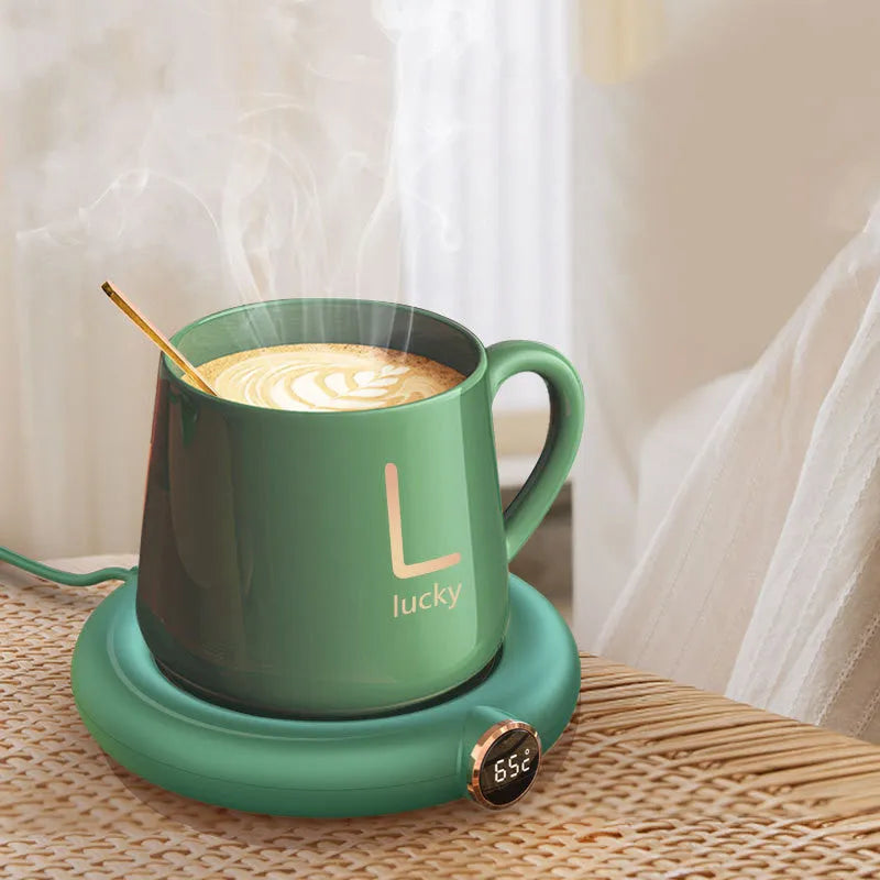 USB coffee mug warmer coaster in white on a desk, with a mug of coffee on top, 130x110x23mm, 10W constant temperature heating pad