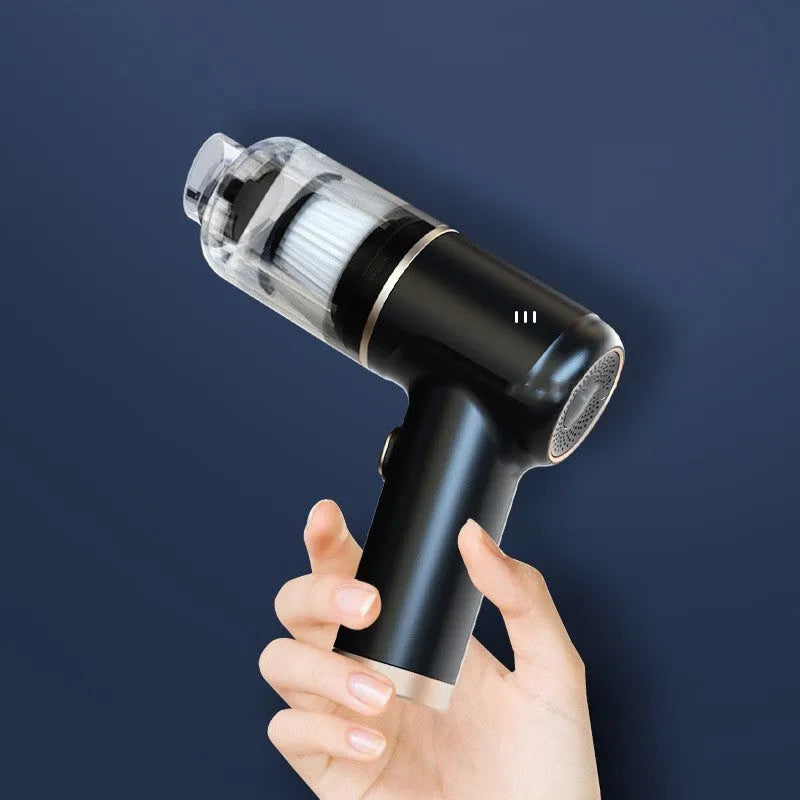 Black wireless car vacuum cleaner with multiple attachments including brushes and nozzles