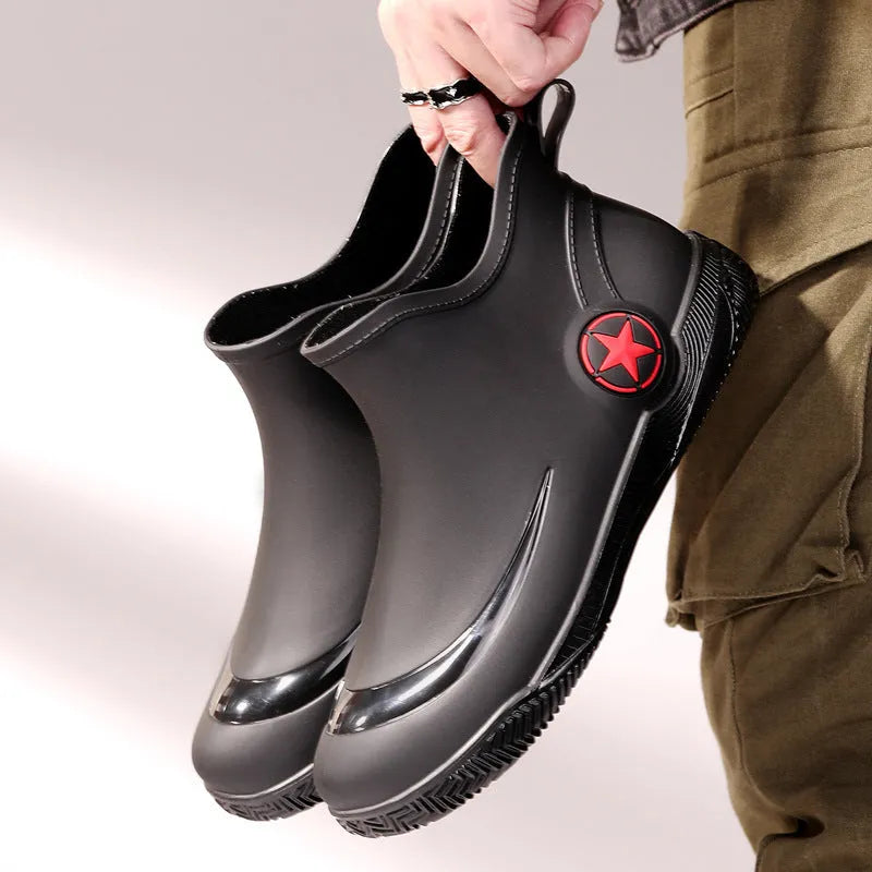 Men's low-cut rain boots in army green with non-slip PVC sole and short top