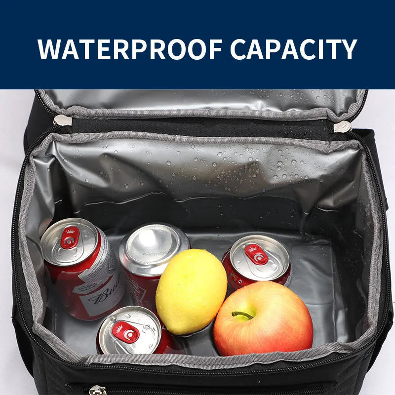 Blue insulated backpack with double-layer construction and refrigerated ice pack compartment open