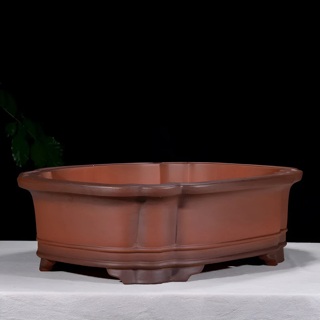 Large Chinese-style purple clay flowerpot with antique finish showing dimensions