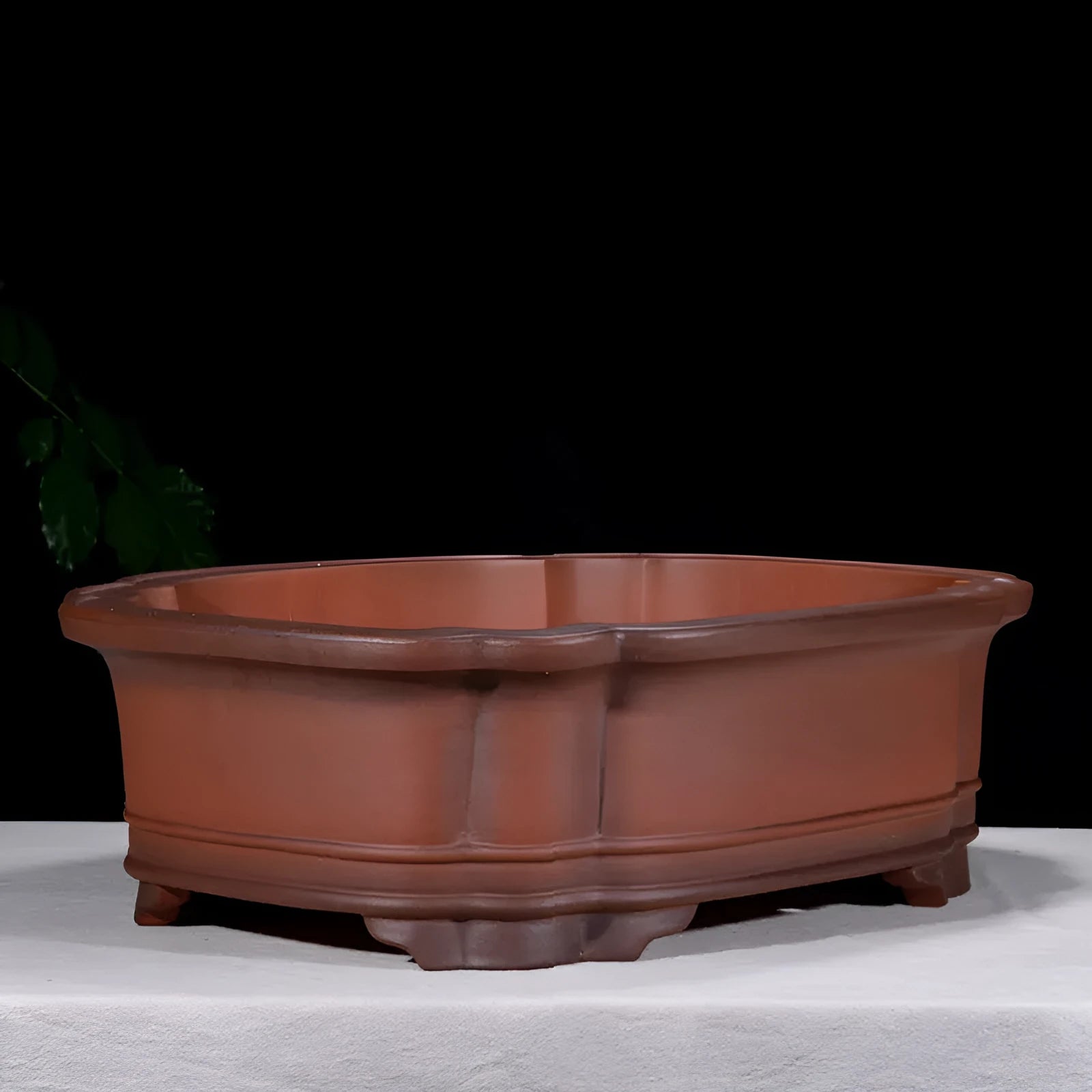 Large Chinese-style purple clay flowerpot with antique finish showing dimensions