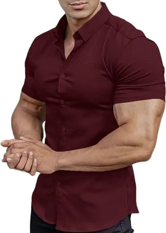 Men's brown short sleeve casual printed shirt with a collar on a hanger.
