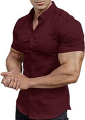 Men's brown short sleeve casual printed shirt with a collar on a hanger.