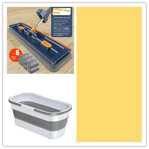 Large flat mop with stainless steel handle and blue cleaning cloths showing 360-degree rotating head