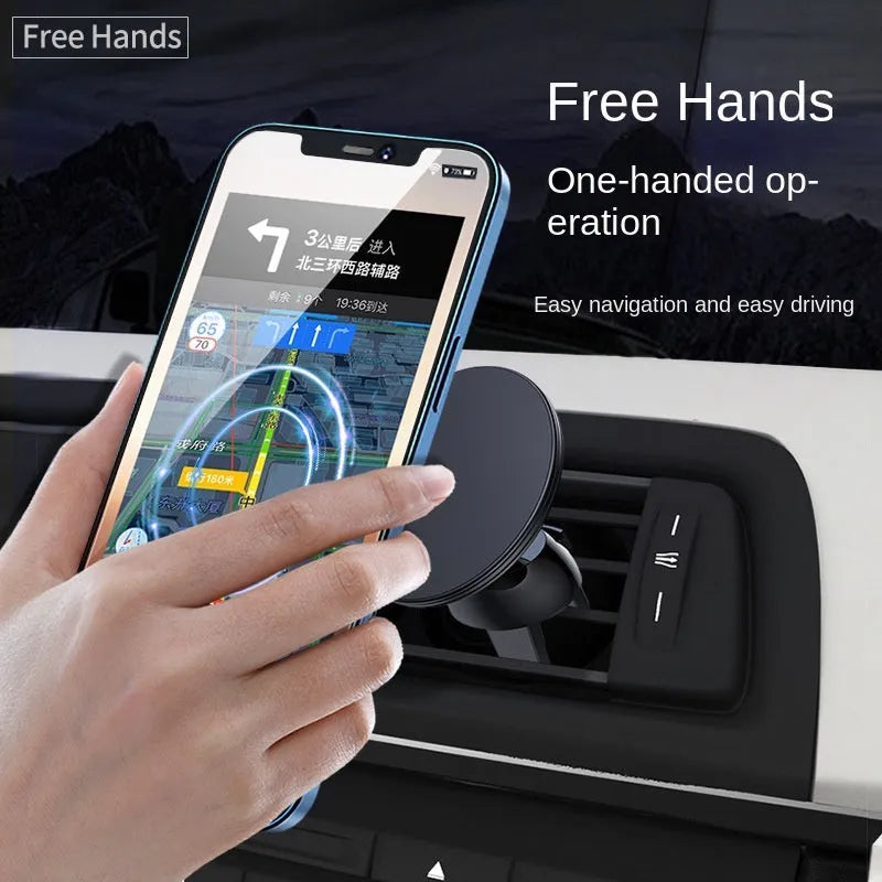 Black aluminium alloy magnetic suction car air outlet mobile phone holder mounted on central control vents