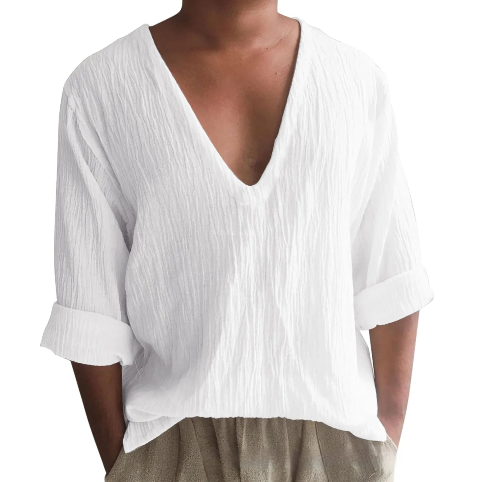 Men's washed cotton long sleeve V-neck T-shirt in solid colours on a size chart