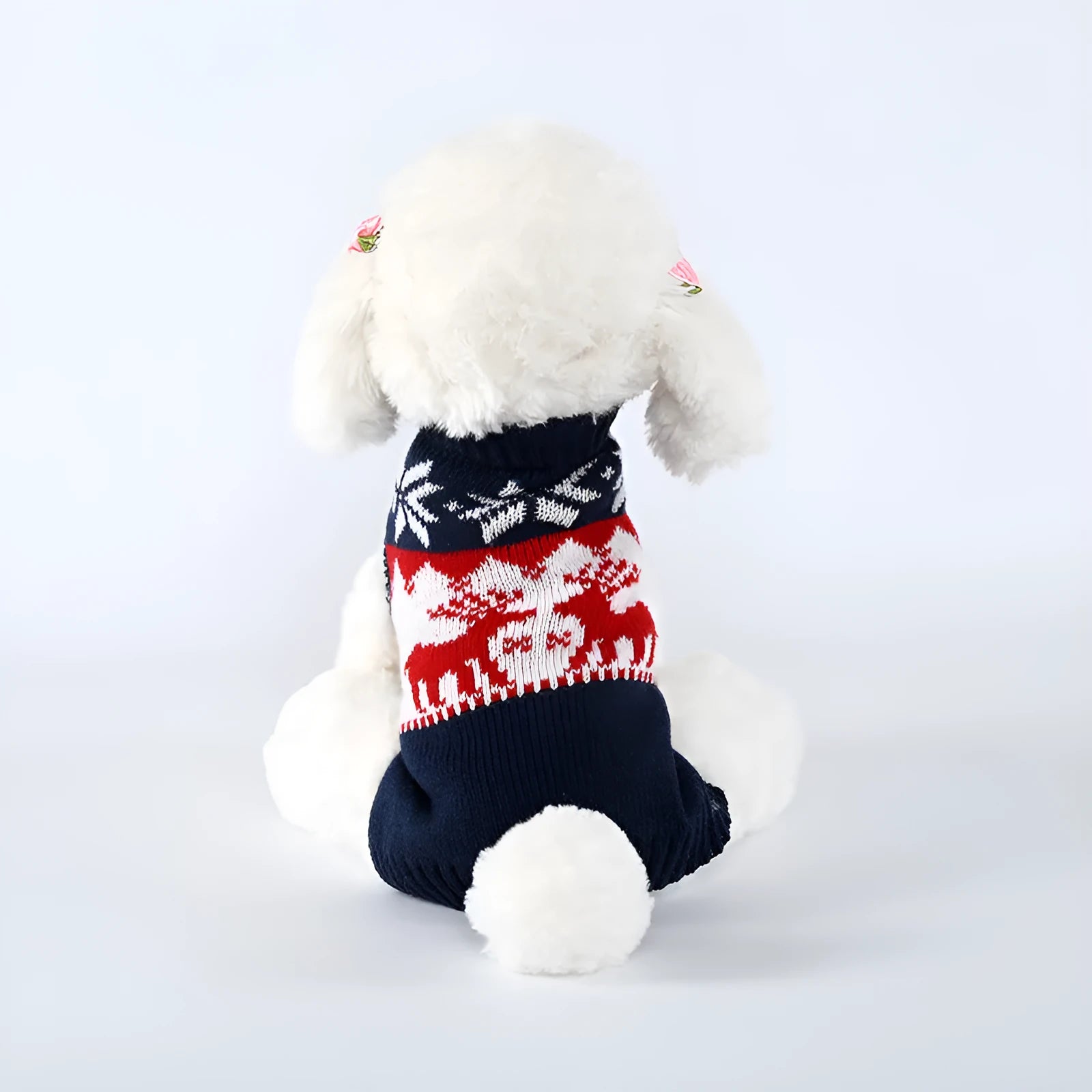 Navy blue Christmas dog sweater knitted from acrylic fabric, showing personalised holiday design for pet wear.