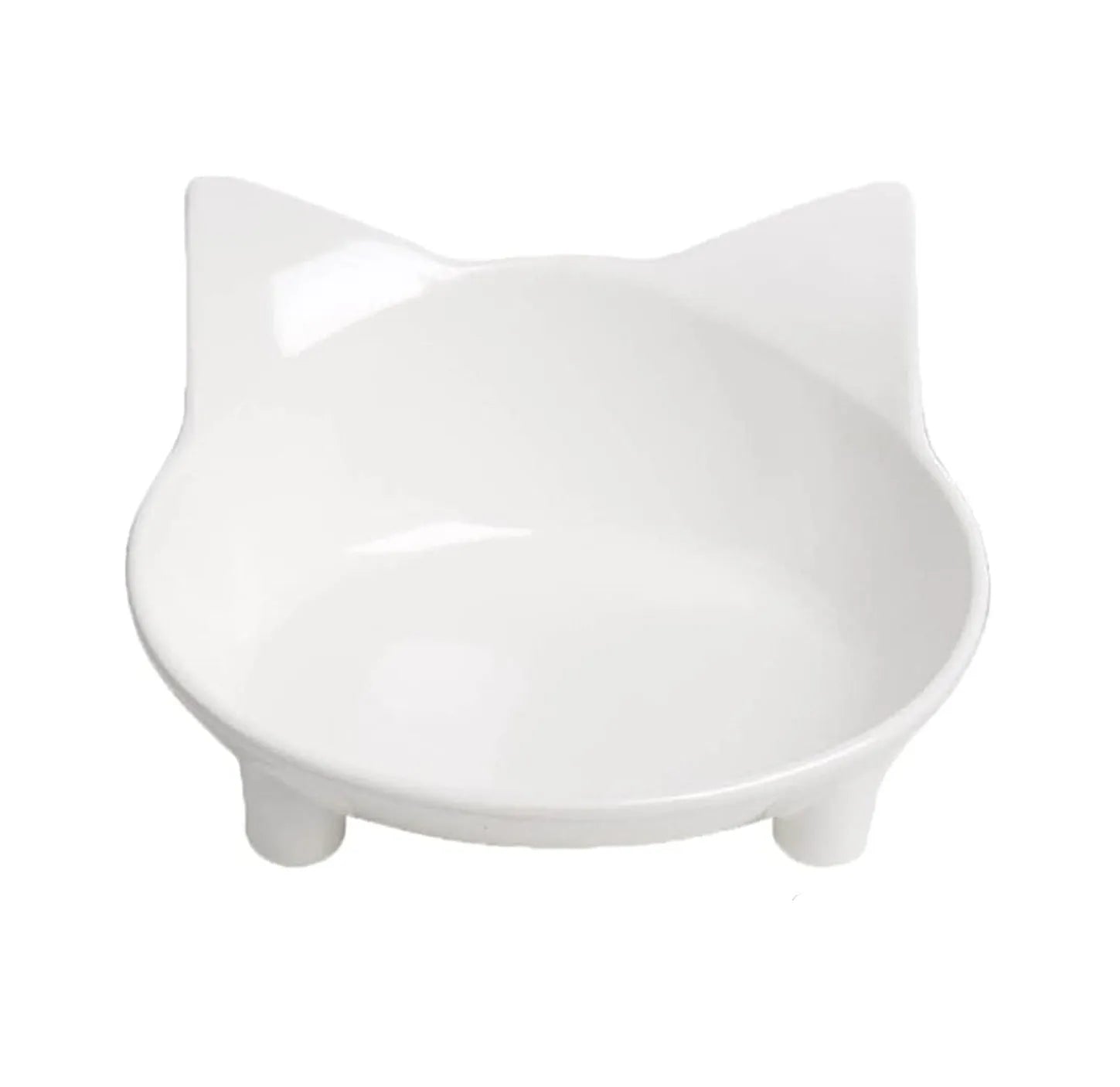 White shallow melamine cat bowl with non-slip rubber base on a wooden table.