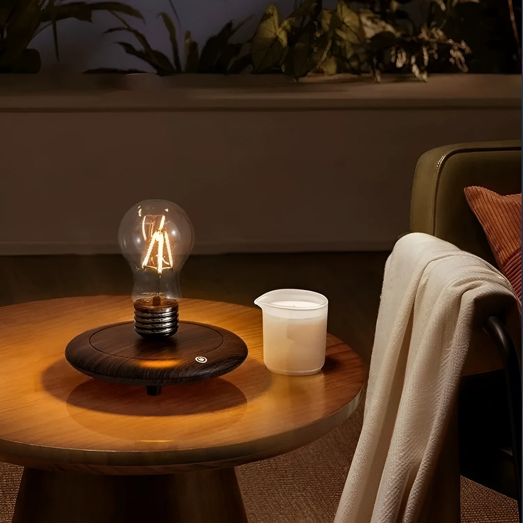 Iron art suspension bulb desktop lamp on wood grain base