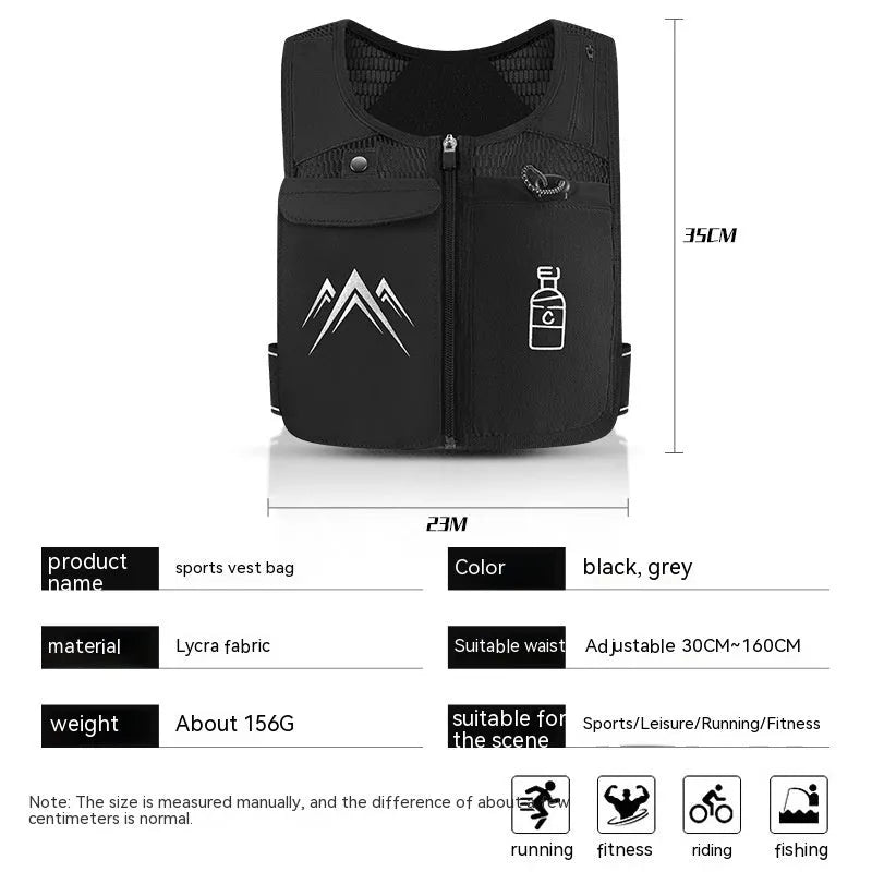 Breathable mesh sports running vest with a front mobile phone pocket, shown in classic black colour.