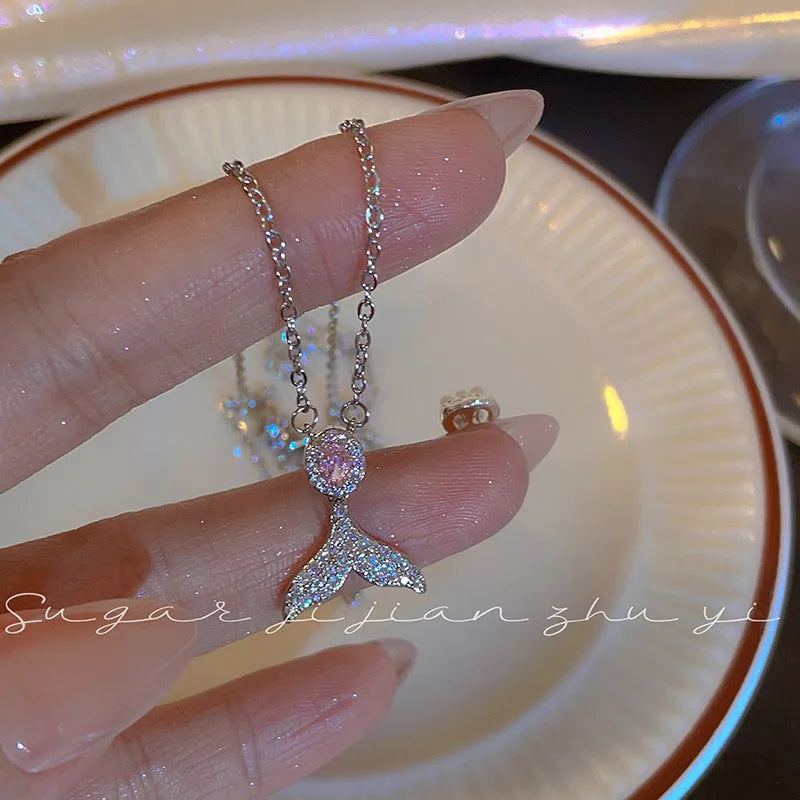 Women's sterling silver necklace with fishtail pendant on O-ring chain, adjustable length 41-50cm