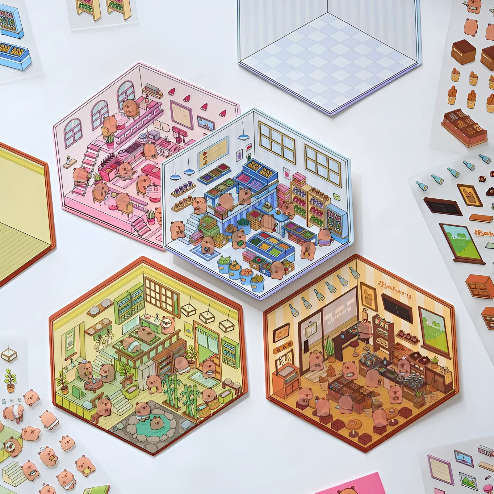 Set of eight Capabala cut-free 3D cartoon shop stickers showing bakery, bookstore, and flower shop designs.