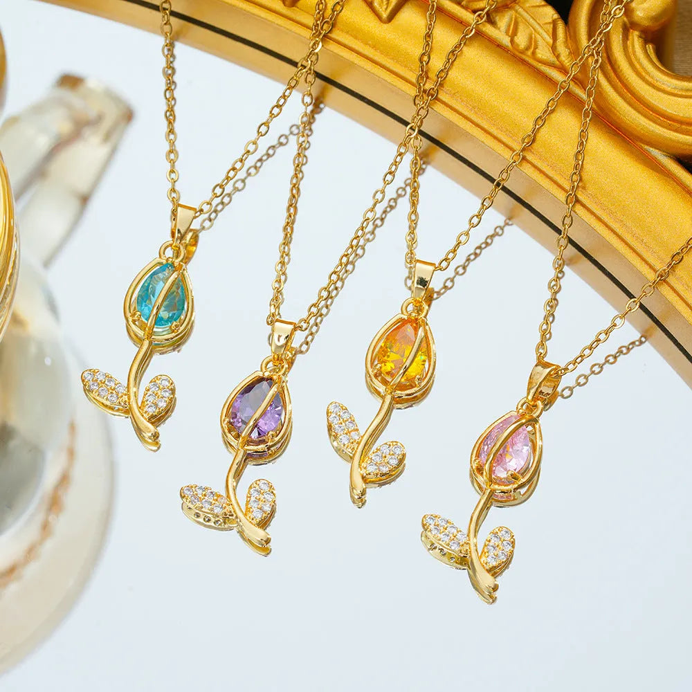 Zircon tulip necklace for women with flower-shaped pendant on adjustable titanium steel chain