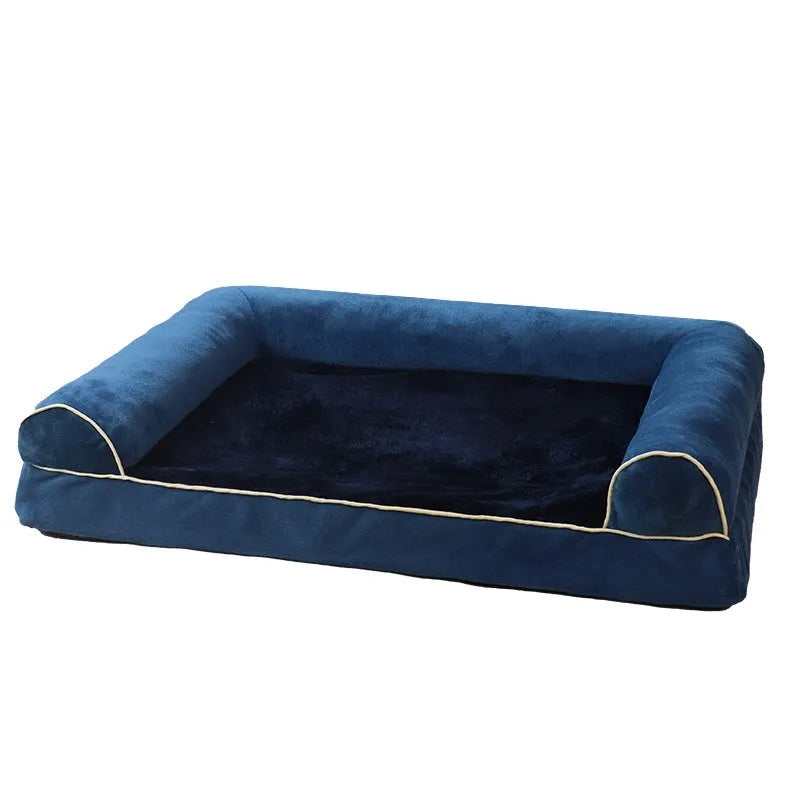 Square-shaped dog bed with sponge filling and breathable cloth cover, shown in blue colour.