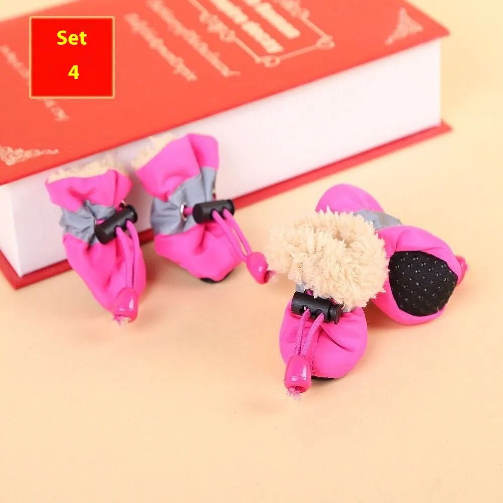 Set of four dog shoes in cloth material with soft soles, shown in multiple colour options including fleece-lined variants