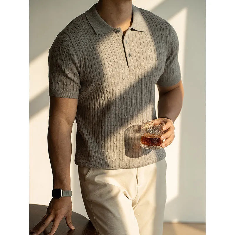 Men's khaki short sleeve casual top for business wear on a grey background