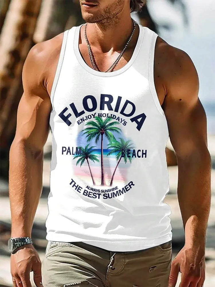 Man wearing a solid colour 3D printed Hawaiian style sleeveless vest t-shirt for casual leisure wear.
