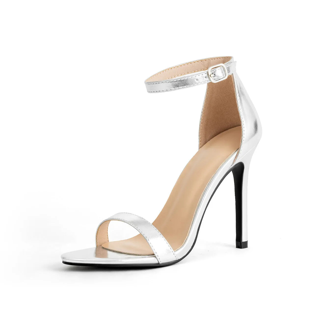 Black square toe stiletto heel strap sandals with buckle fastening on a white background