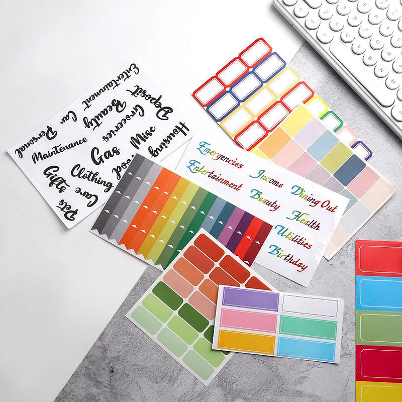 Handwritten labels and adhesive stickers with grid patterns on paper material